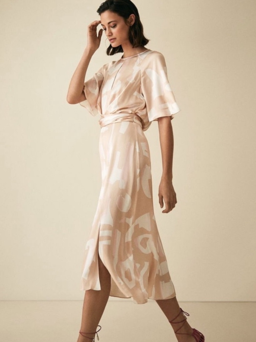 Reiss Arlo Half Sleeve Day Midi Dress Satin Short Sleeve PalePink